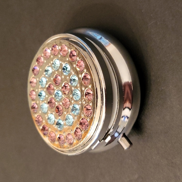 NEW Bejeweled Pillbox, Pink & Blue Crystals, Silver-tone - Picture 8 of 8